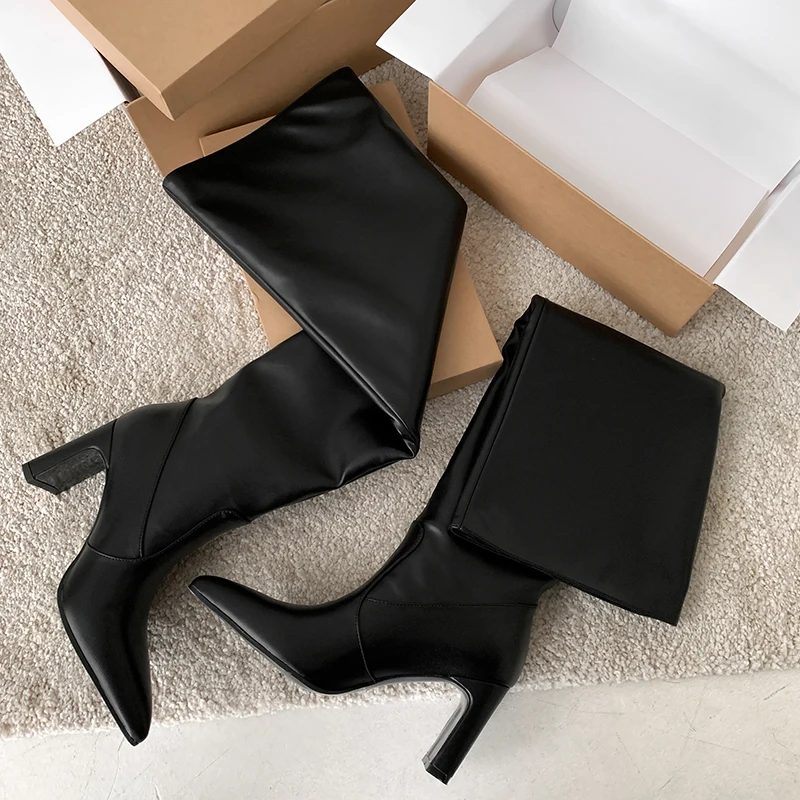 QUTAA 2025 Fashion Winter Women Knee High Boots Leather High Heel Woman Shoes Pointed Toe Wide Calf Long Boots BLack Size 34-39