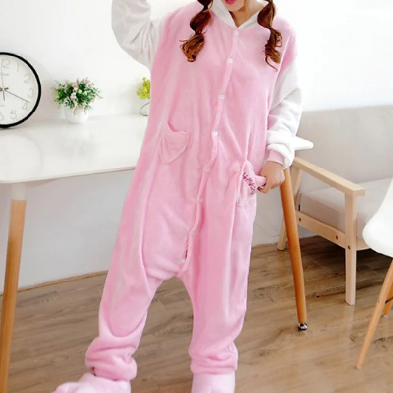 Hello Kitty Cat Onesie Cosplay Costume Kigurumi Flannel Zipper Pajamas Anime Jumpsuit Sleepwear Homewear Halloween Children Suit