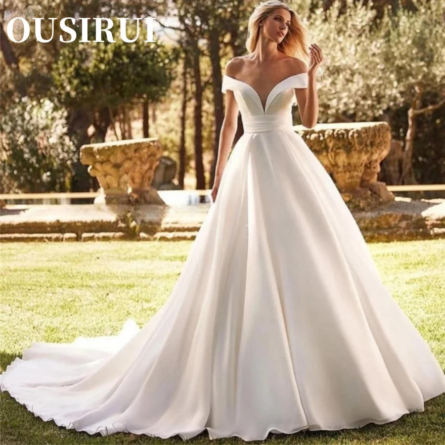 

Off Shoulder A-Line Backless Pleats Bridal Gowns Princess Sleeveless Customize To Measures Vintage Stain Wedding Dresses Robe