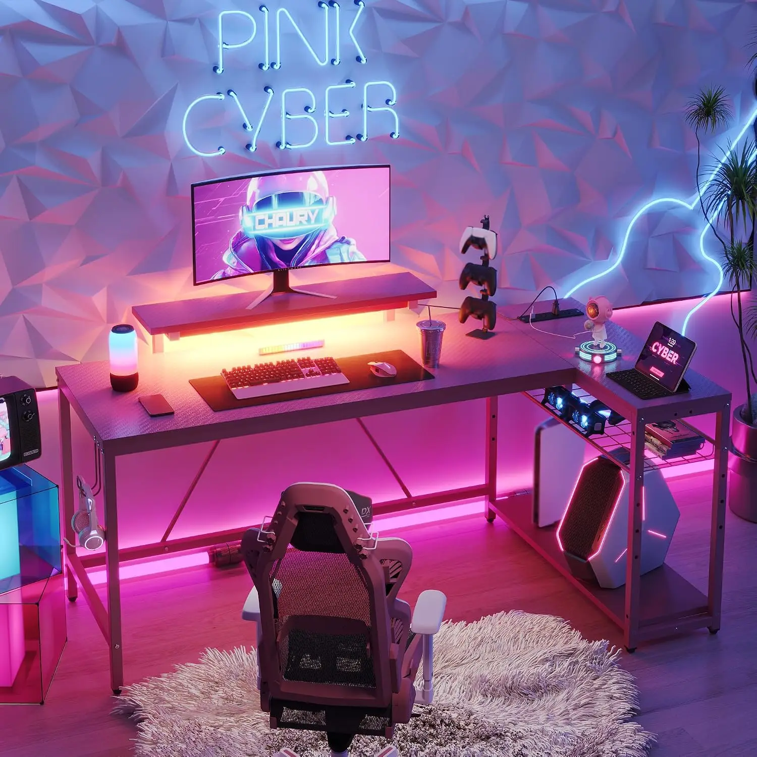 L Shaped Gaming Desk with Power Outlets & LED, Reversible Corner Shelves, Headset Hooks, 58 Inch Workstation, Customized