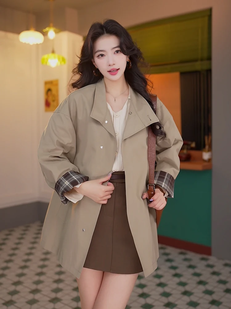 

Coats Women Women'S Trench Quilted Double-Decker Preppy Shoulders Fall Winter Sporty Layered Kaki Appearance Color-Blocking