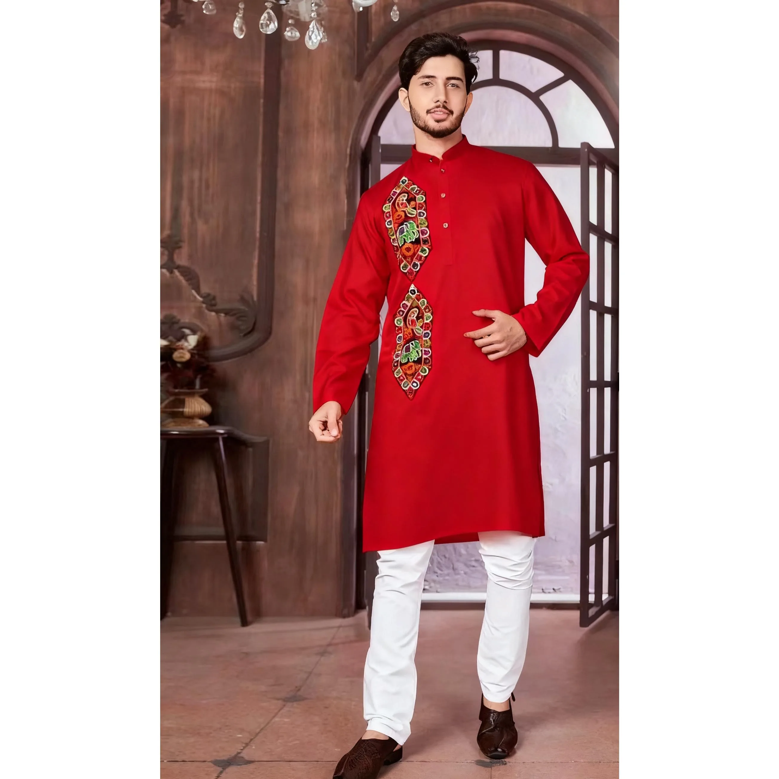 2026 Stand Collar Muslim Shirt Men Clothes Folk Kaftan Musulman Kurta Indian Islamic Clothing National Printed National style