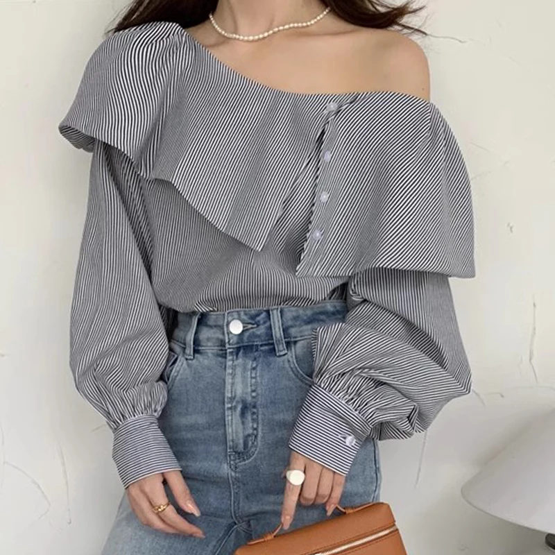 Blusas Femininas Elegantes Irregular Ruffle Edge Exposed Single Shoulder Striped Shirts Women Chemise Femme Top Blouse