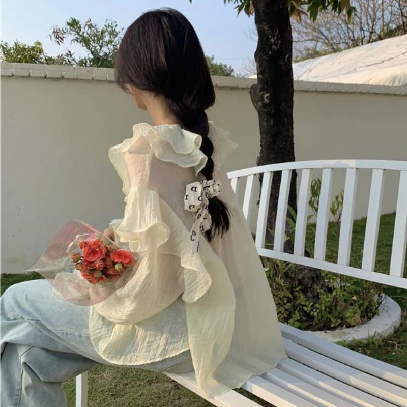 Women Blouses Tender Ruffles Chic Puff Sleeve Design Korean Style Sweet Mujer Solid Color Loose All-match Faddish Clothes Spring