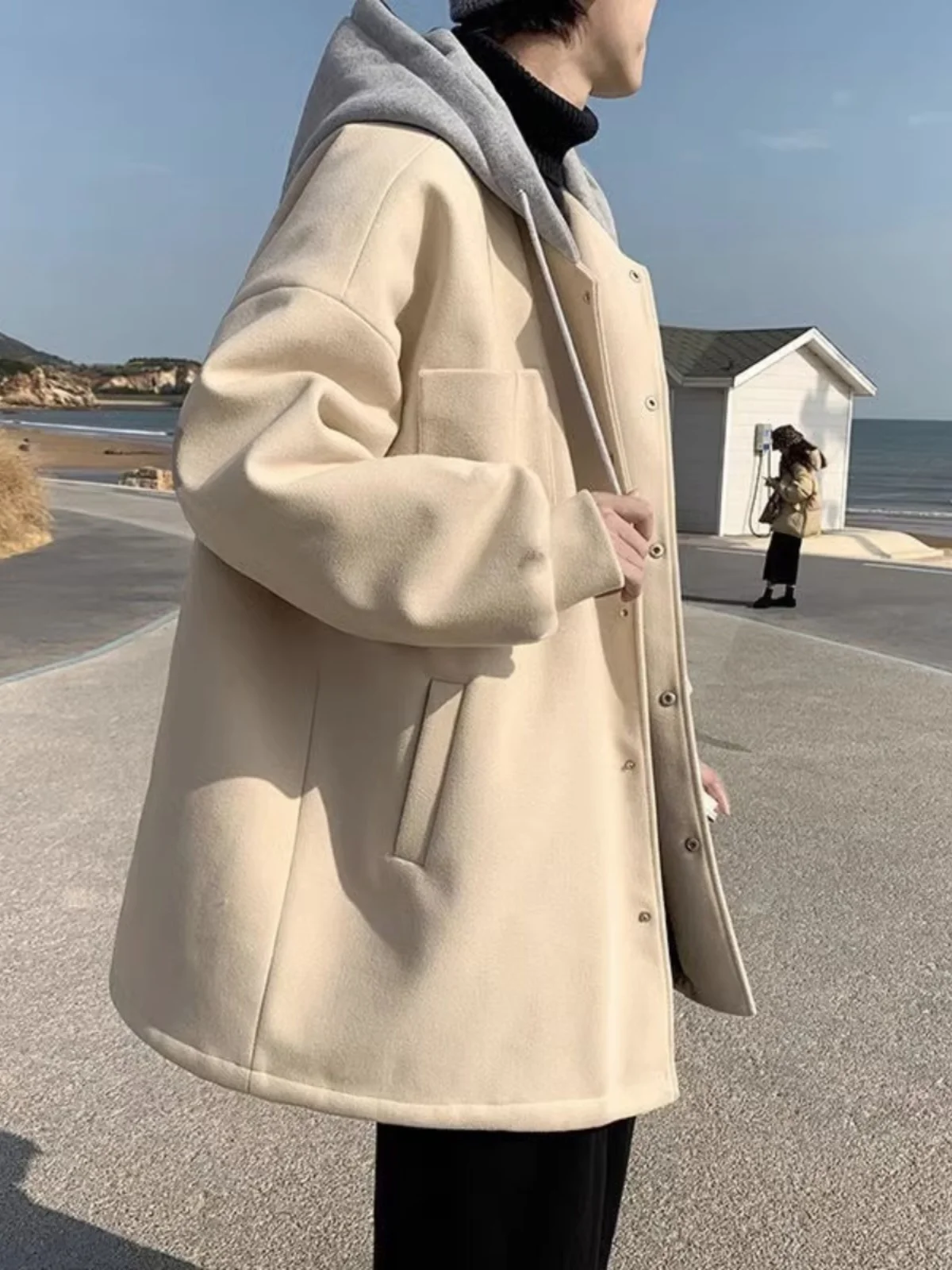 

Corduroy Men's Coat Youth Faion Design Color Blo Mid-Length Autumn Winter Jaet Stand Fit Single Button Closure