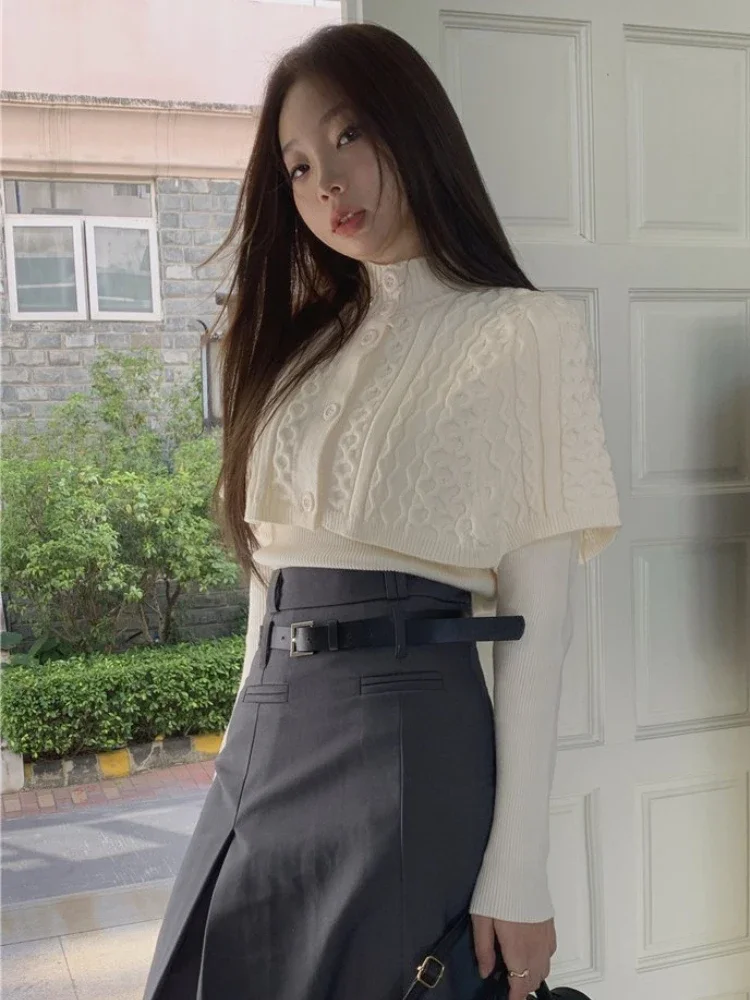 Set 2 Potong Kardigan Turtleneck Pulover Lengan Panjang Wanita Pakaian Musim Gugur Solid Elegan Pakaian Rajut Fashion Korea Wanita Minimalis