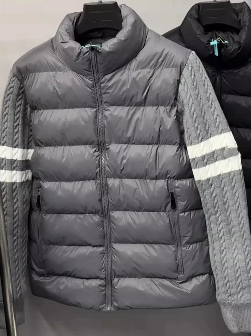 

Утепленная вязаная мужская хлопковая куртка в полоску с воротником-стойкой, теплая верхняя одежда, повседневный модный стиль, длинный рукав, застежка-молния