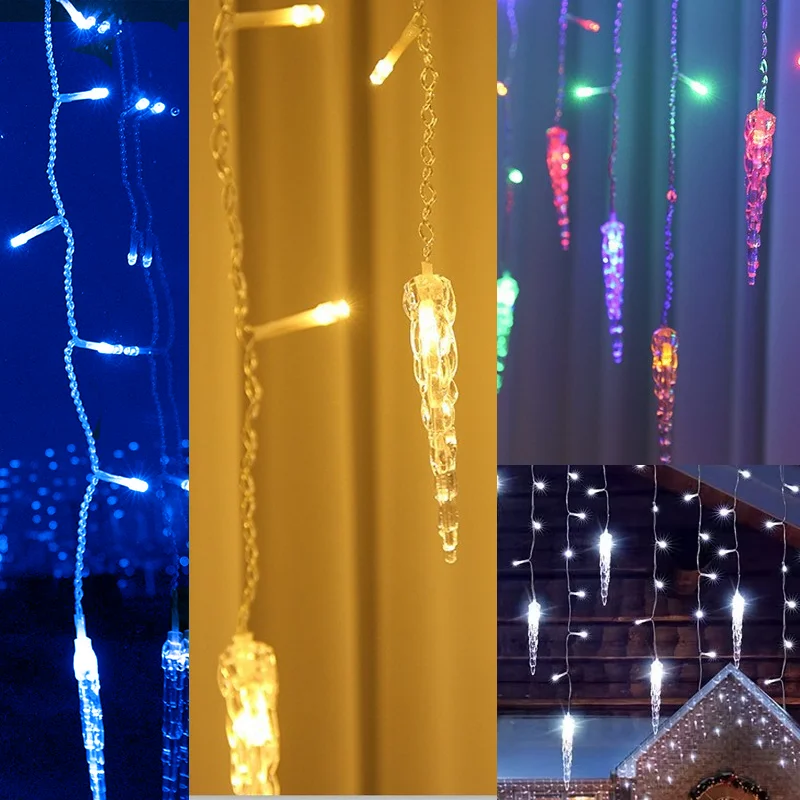 EU/US Plug Christmas Garland LED Icicle Curtain String Light  0.4-0.5-0.6M Droop Xmas Garden Street Wedding Decora Light Steady