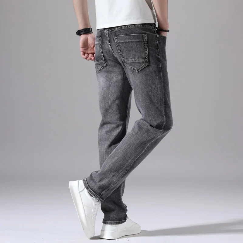 2024 Cotton Stretch Jeans Business Casual Men\'s Thin Denim Jeans Grey Spring Summer Brand New Fit Straight Lightweight