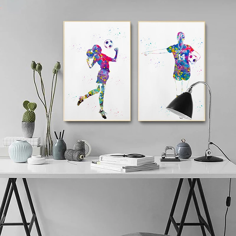 Watercolor Football Player Poster Goalkeeper Striker Canvas Painting Modern Wall Art Picture Study Home Decor Gifts for Fans