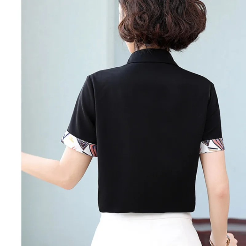 Women's Summer Short Sleeve Turn-down Collar Button Chiffon Patchwork Geometric Printing Shirt Commute Contrast Color Tops