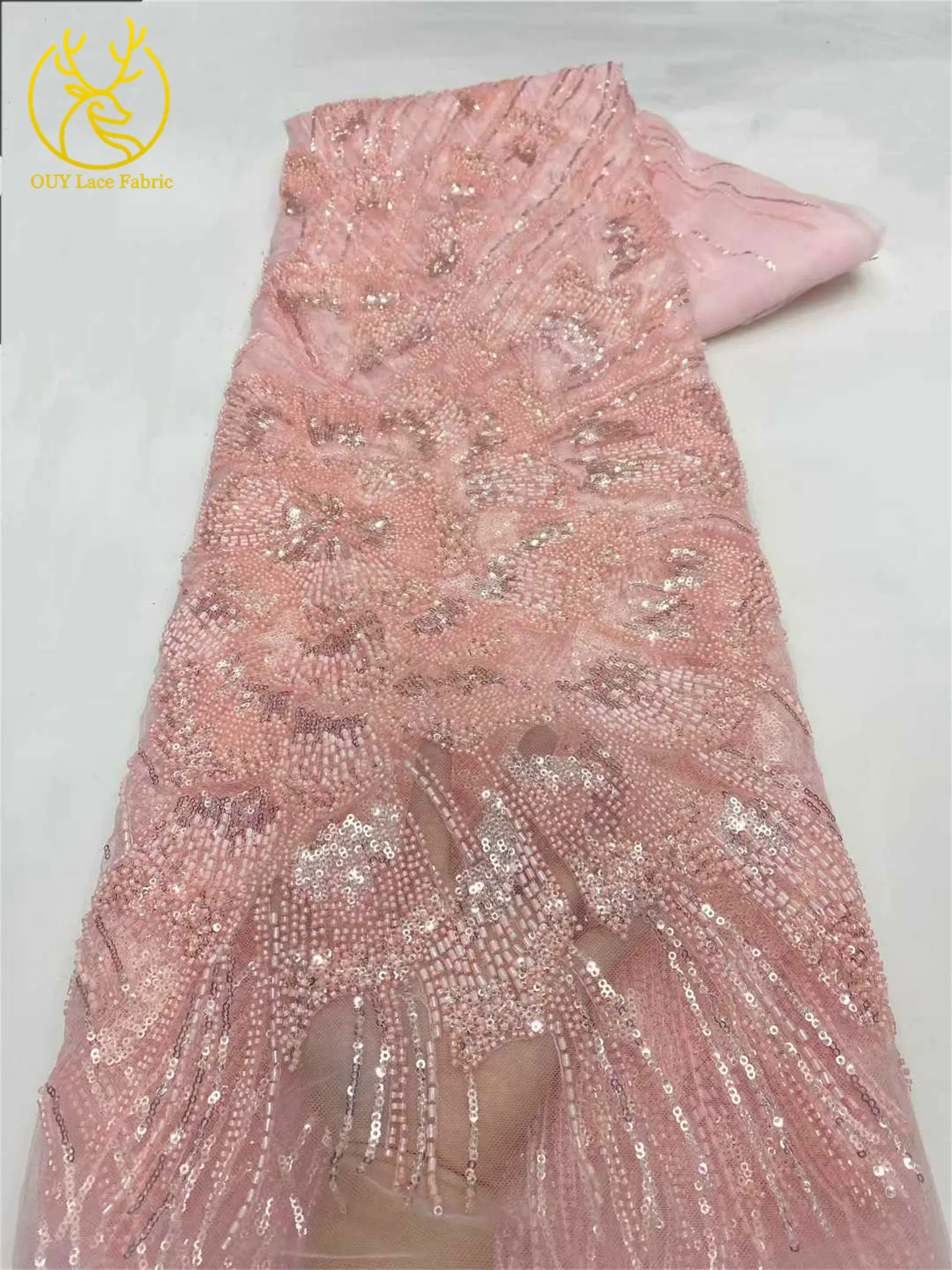 Luxuriöser Afrikanischer Pailletten-Perlen-Spitzenstoff 5 Yards Französischer Nigerianischer Tüll-Spitzenstoff Geeignet für Hochzeiten und Näharbeiten – Detail 6