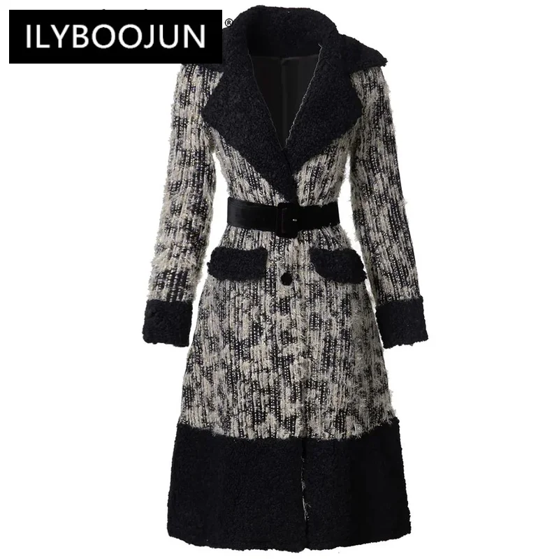 

ILYBOOJUN Fashion Autumn Winter Plaid Tweed Coat Women Turn-down Collar Long Sleeves Belt High Street Single Breasted Outerwear