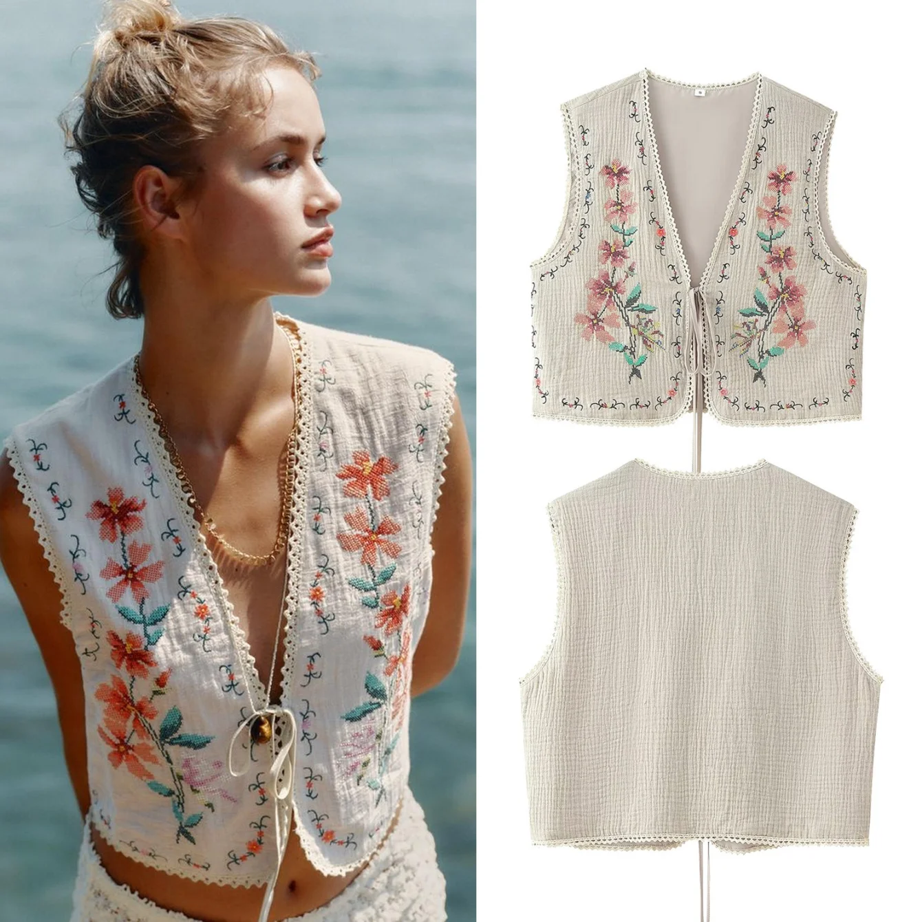

Women's Autumn New Vintage Style Cotton Vest With V-Neck Tie Lace Embroidery Design Suitable For Commuting And Casual Wear