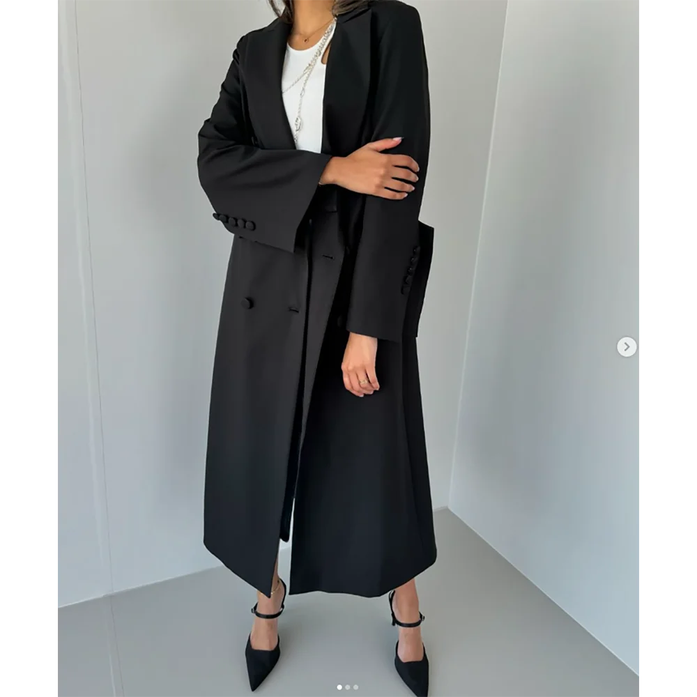 Arabian Robe Black Slim Long Women Blazer One Piece Luxury High Quality Solid Color Double Breasted Female Coat casaco feminino