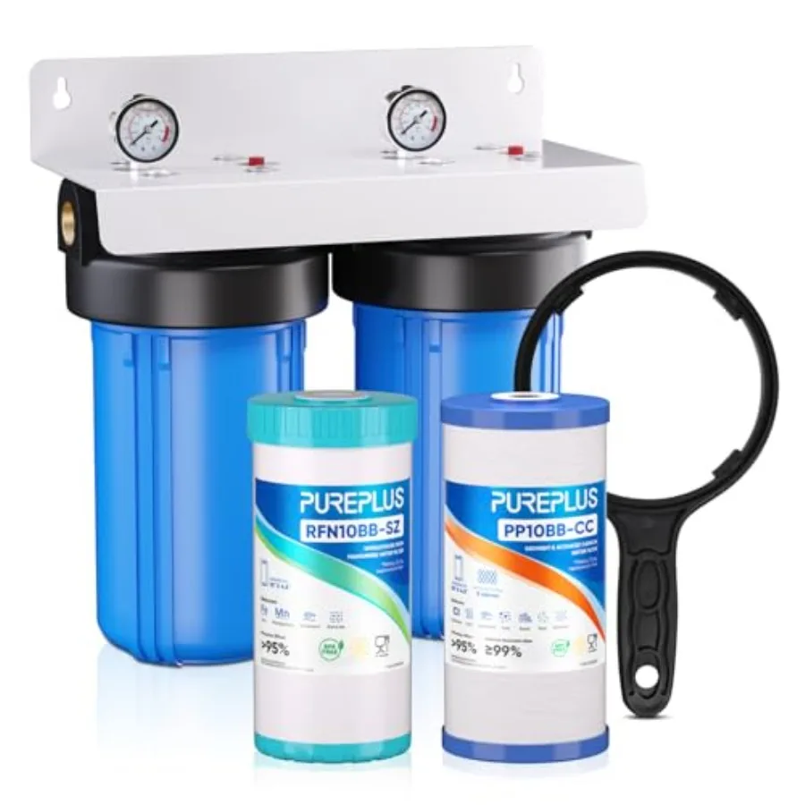 

2-Stage Whole House Water Filtration System Reduces Chlorine Odor Heavy Metals Iron Manganese 10"x4.5" Housing 1" Inlet/Outlet