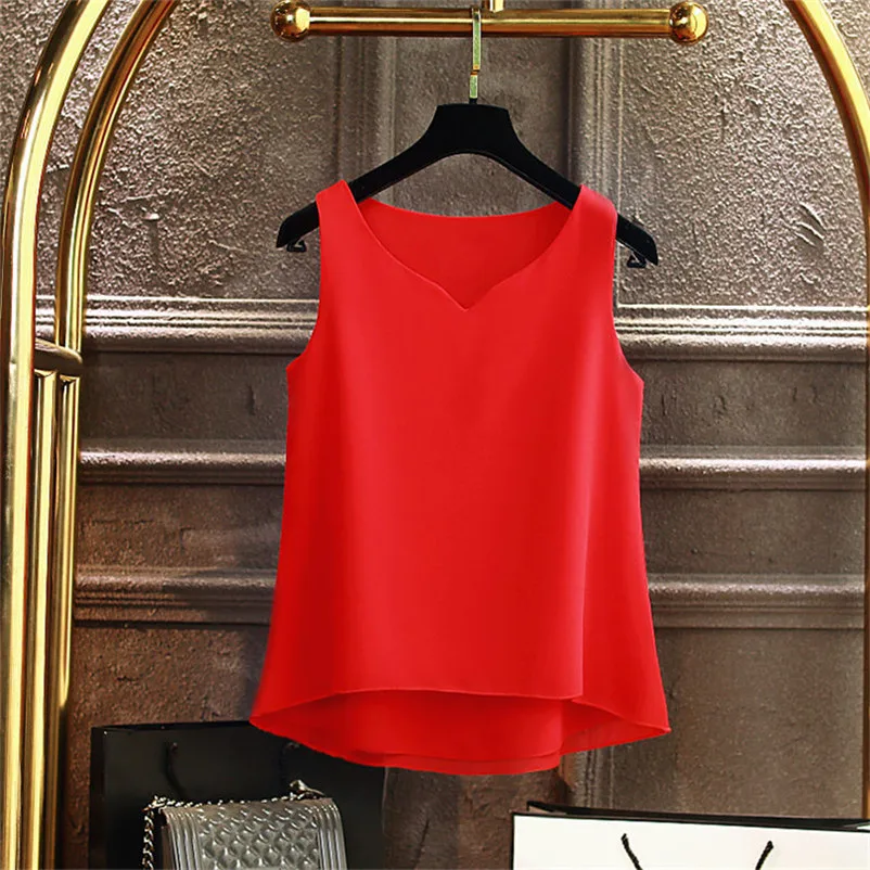 New Women Chiffon Vest Tops Sleeveless V-Neck Ladies Top Oversized Tank Tops White Black Rose Green