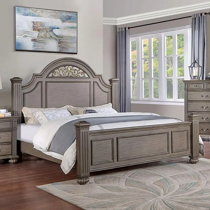 Contemporary Gray Queen Size Panel Bed with Floral Design Headboard - Elegant Bedroom Furniture