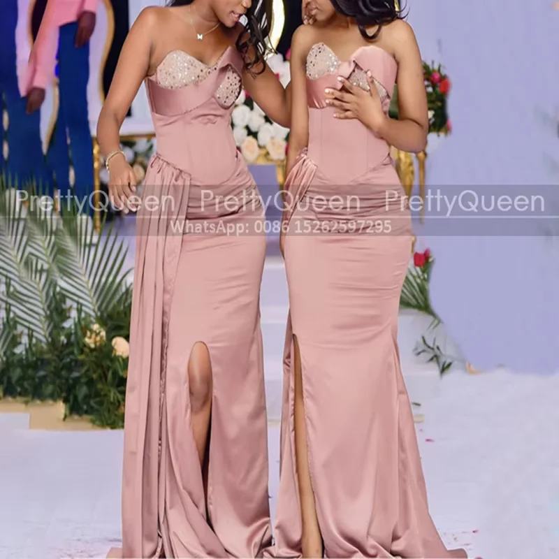 Customized Long Trumpet Bridesmaid Dresses Sequins Sweetheart Strapless Mermaid Side Split Waistline Cape Wedding Party Dress