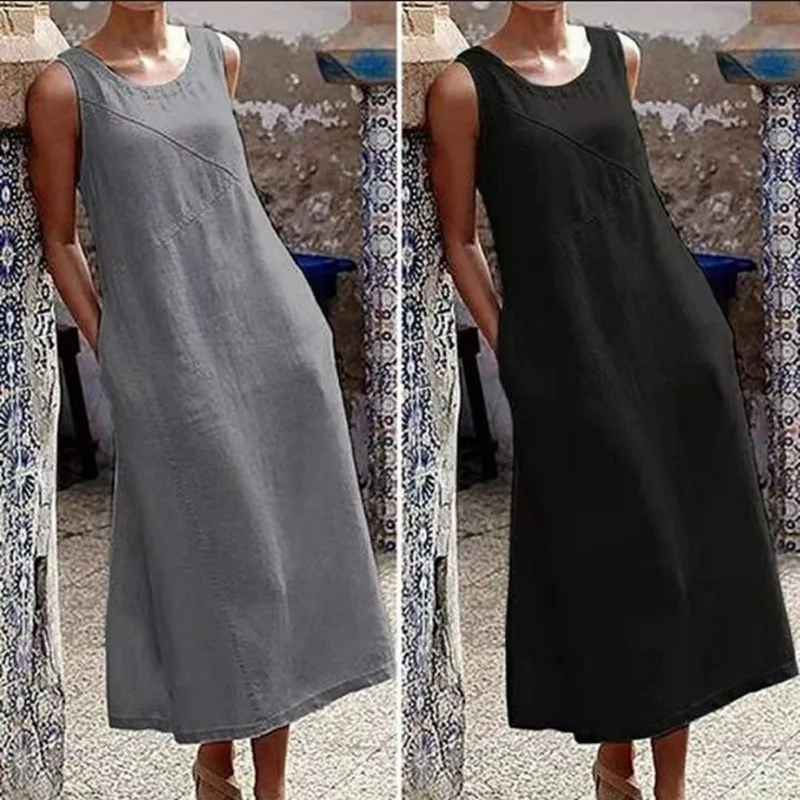 Solid Color Casual Loose Fitting Women\'s Summer Long Dress 2024 Elegant Cotton And Linen Simple Sleeveless Plus Size Women\'s Dre