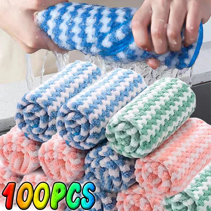 100/1PCS Super Absorbent Dishcloths Coral Fleece Cleaning Cloths Thickened Kitchen Washing Dish Rags Glass Windows Wipe Towels