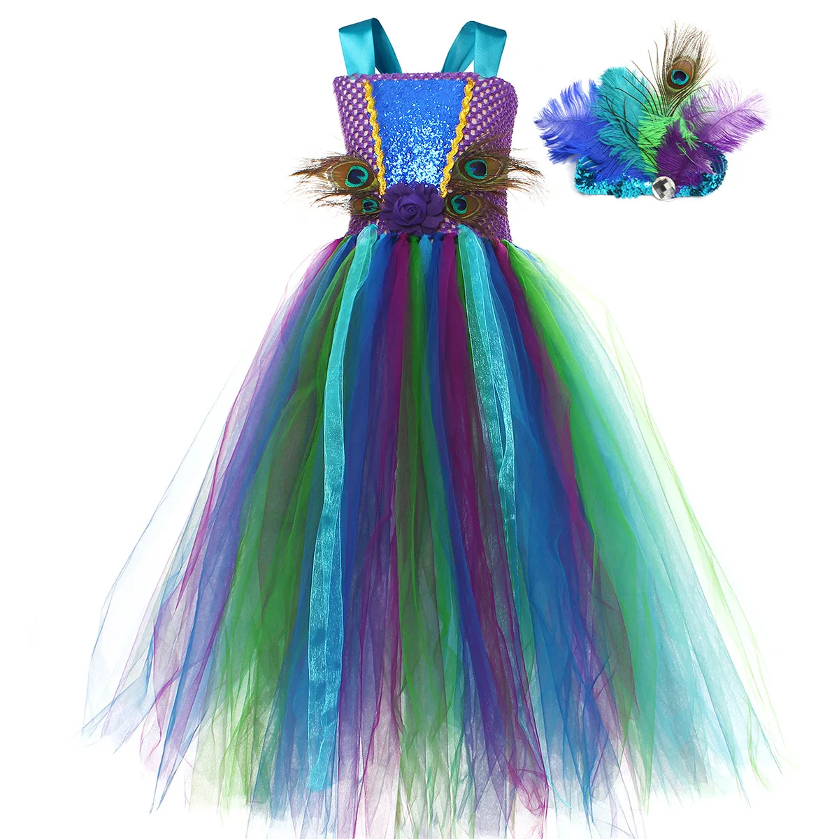 Fancy Peacock Feather Girl Pageant Tutu Dress With Headband Children Kids Birthday Party Wedding Ball Gowns Trailing Tulle Dress