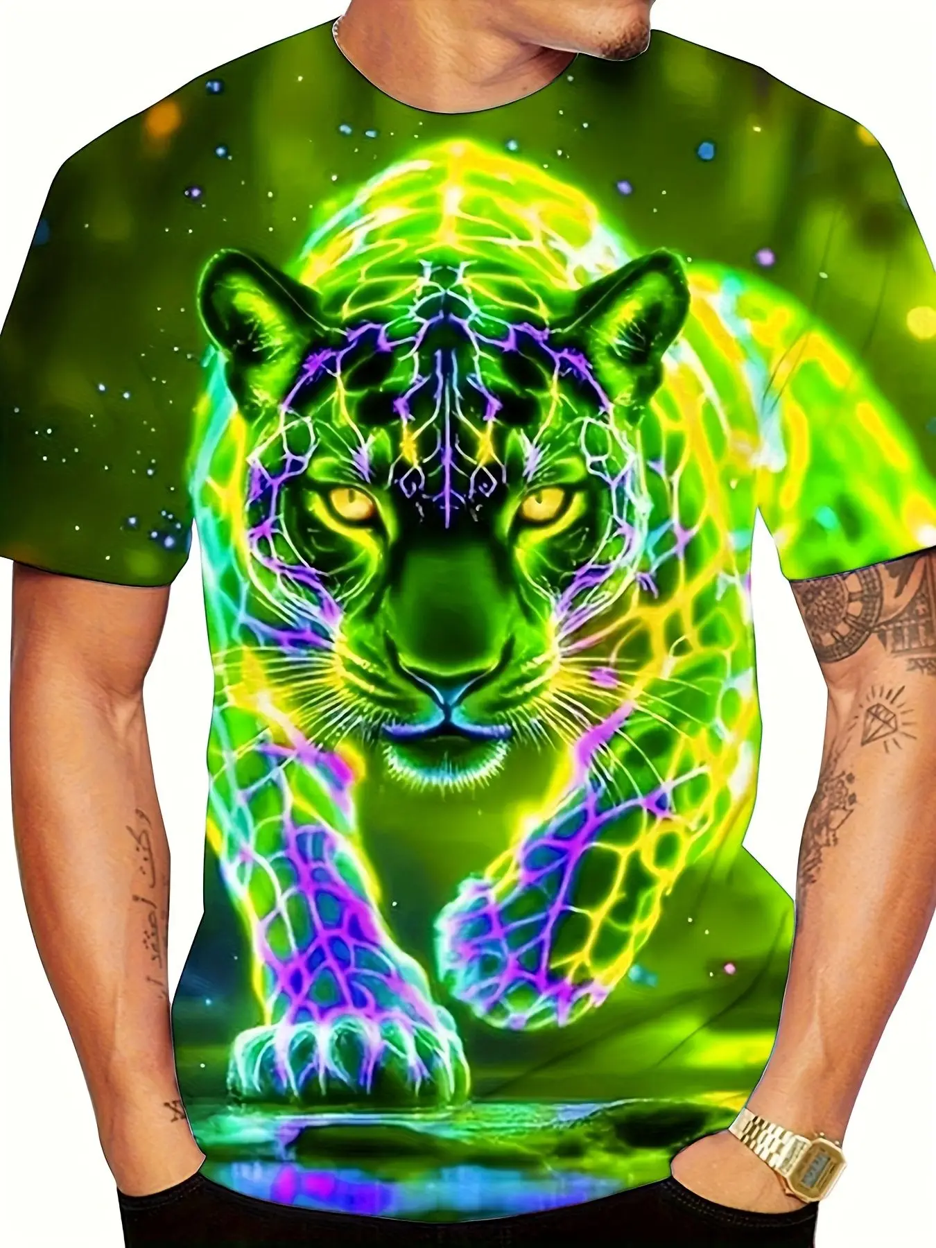 Men's O Neck Short Sleeve T Shirt 3D Neon Green Tiger Starry Sky Water Reflection Print Street Casual Tops