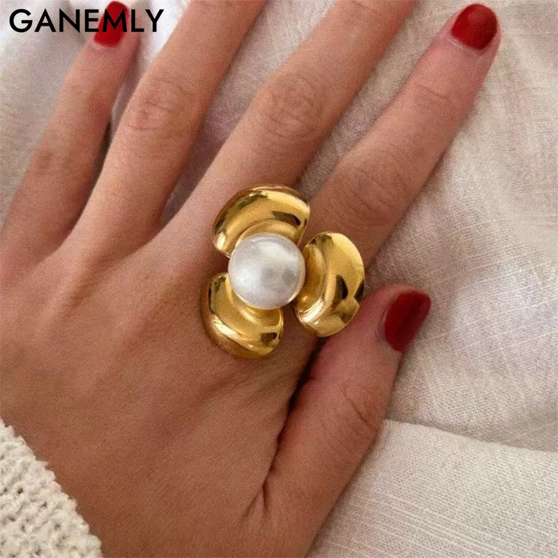 GANEMLY из нержавеющей стали 316L, золотой преувеличенный цветок, жемчужные манжеты, кольца на палец для женщин и девочек, модные украшения, женский подарок, вечерние
