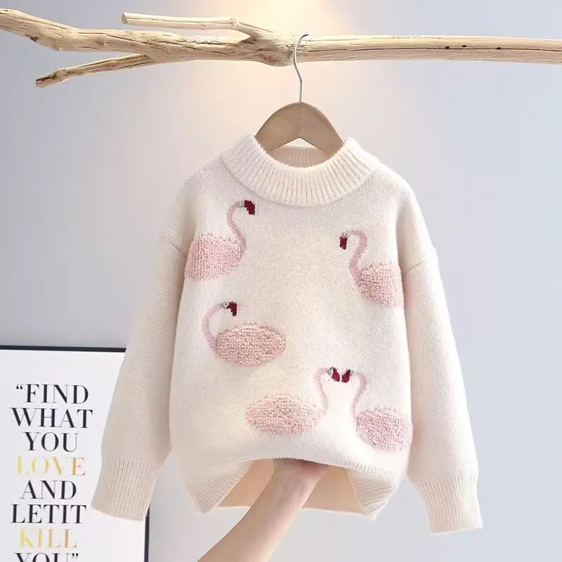 Autumn Winter Girls Sweaters Children's Cute Furry Swan Knit Tops for Princess Girl Pullover Kid's Knitwear Cosy Clothes HY12172