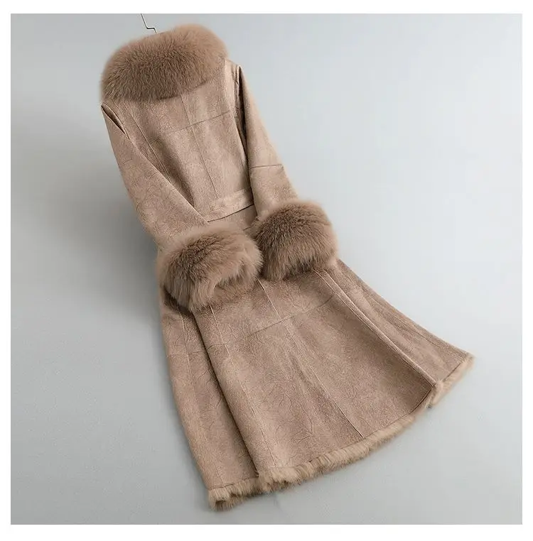 2023 New Rabbit Fur One Piece Coat for Women Mid length Fox Fur Collar Lace up Slim Fit Haining Fur Coat for Women