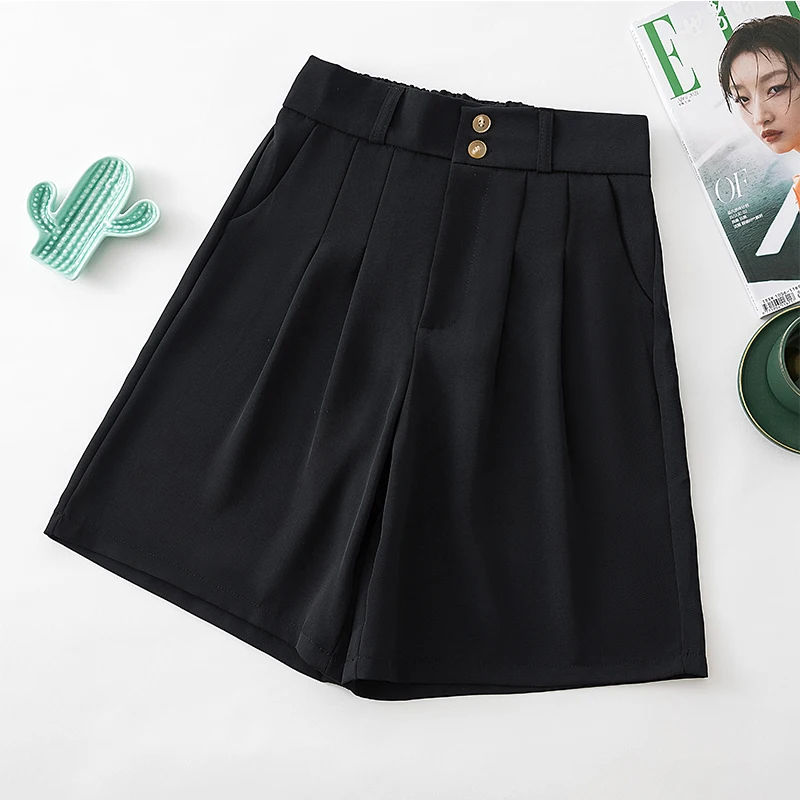 Summer New Womens Shorts Korean Loose High Waist Casual Basics Button Packet Wide-leg Short Pants Femal