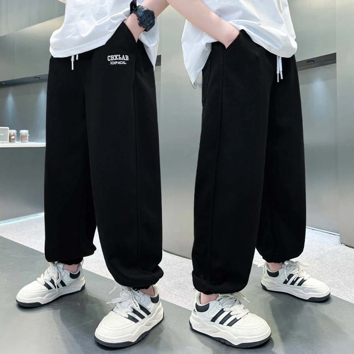 Spring Autumn New Boys Black Grey Causal Pants Letter Print Loose Sports Pants For 4-16 Years Teen Boys Cotton Trousers