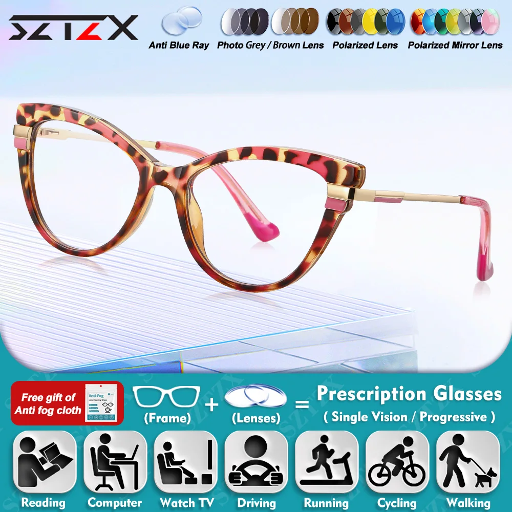 

SZTZX Versatile Cat Eye Myopia Hyperopia Computer Glasses Anti Blue Light Progressive Prescription Optical Eyeglasses For Women