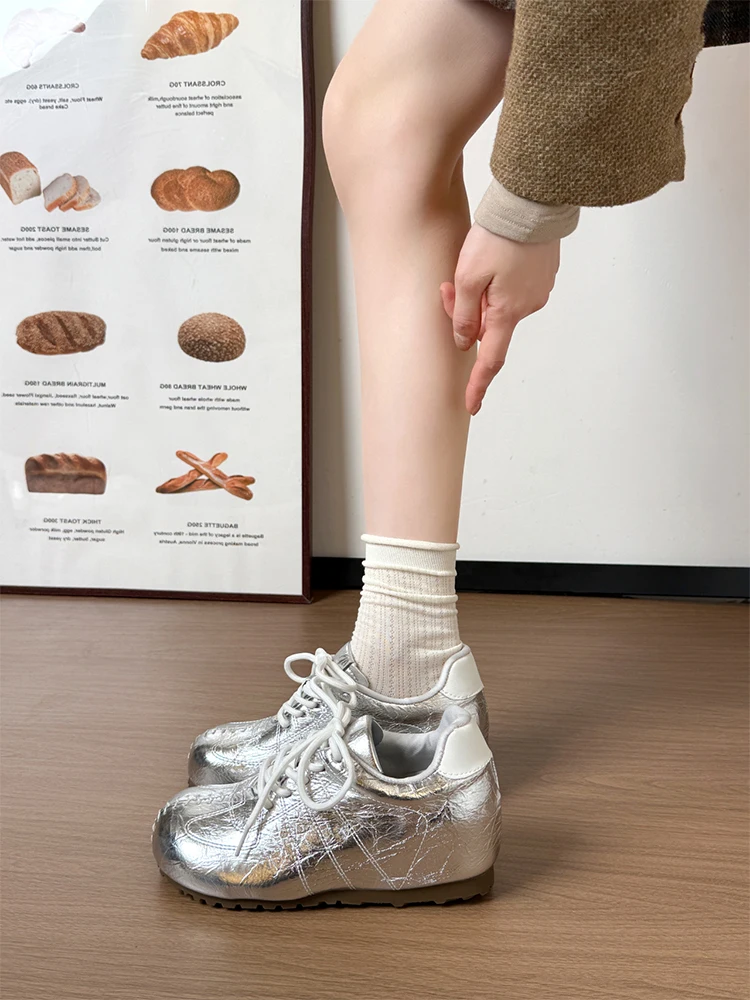 シルバーバレエフラットシューズ-レディース-春2026新作-厚底-多用途-厚底-レースアップ-スポーツカジュアルシューズ