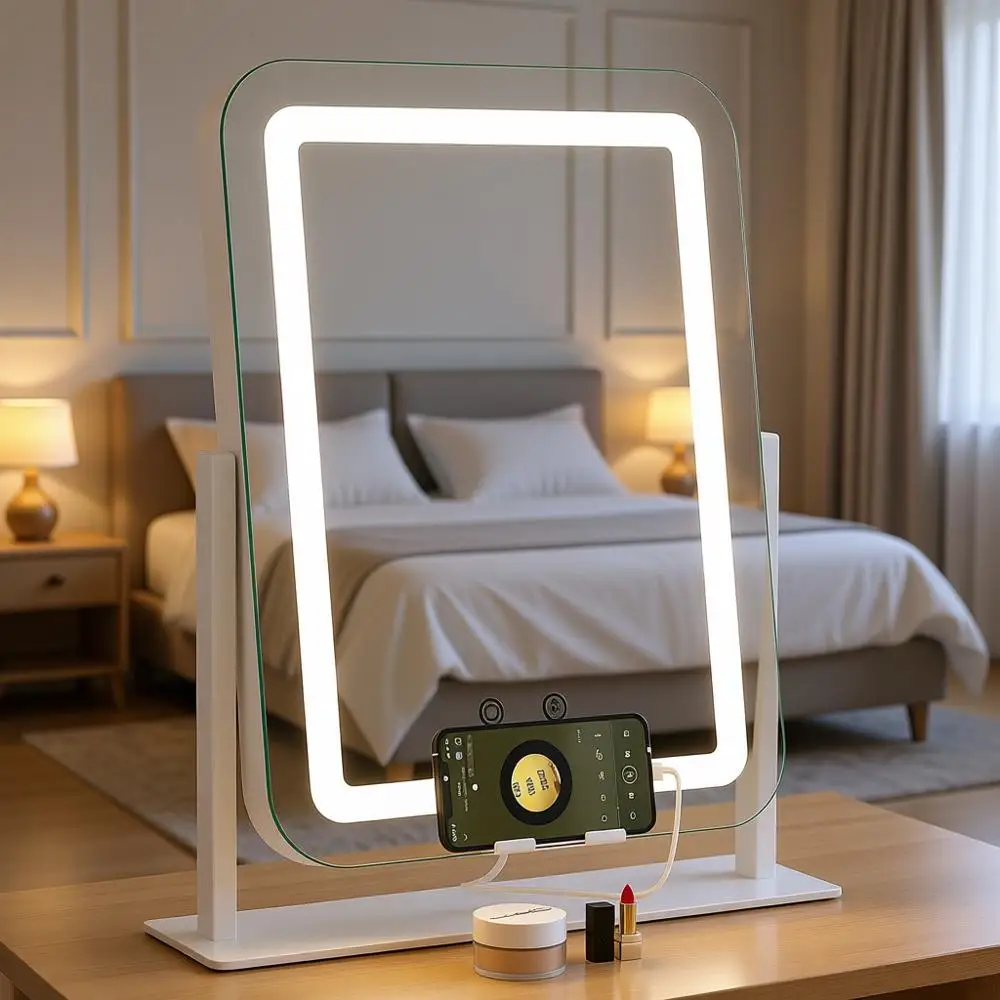 

Зеркало для макияжа 15x12 с LED-подсветкой, 3 режимами затемнения, 10-кратным увеличением, Bluetooth-колонкой и USB-портом для зарядки