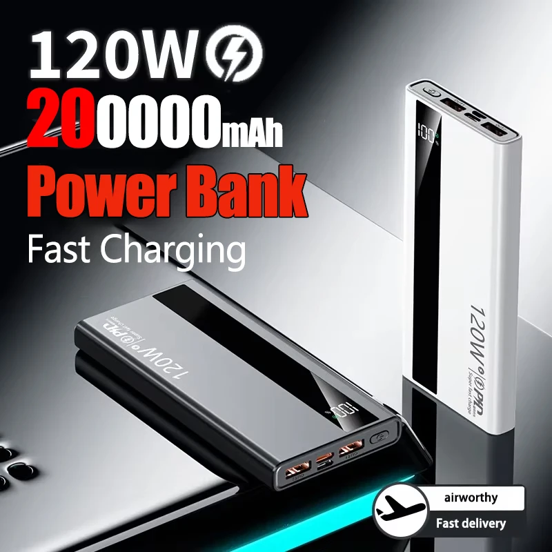 120W 200000mAh Power Bank High Capacity Digital Display Fast Charging Powerbank Portable Battery Charger Type C For iPhone