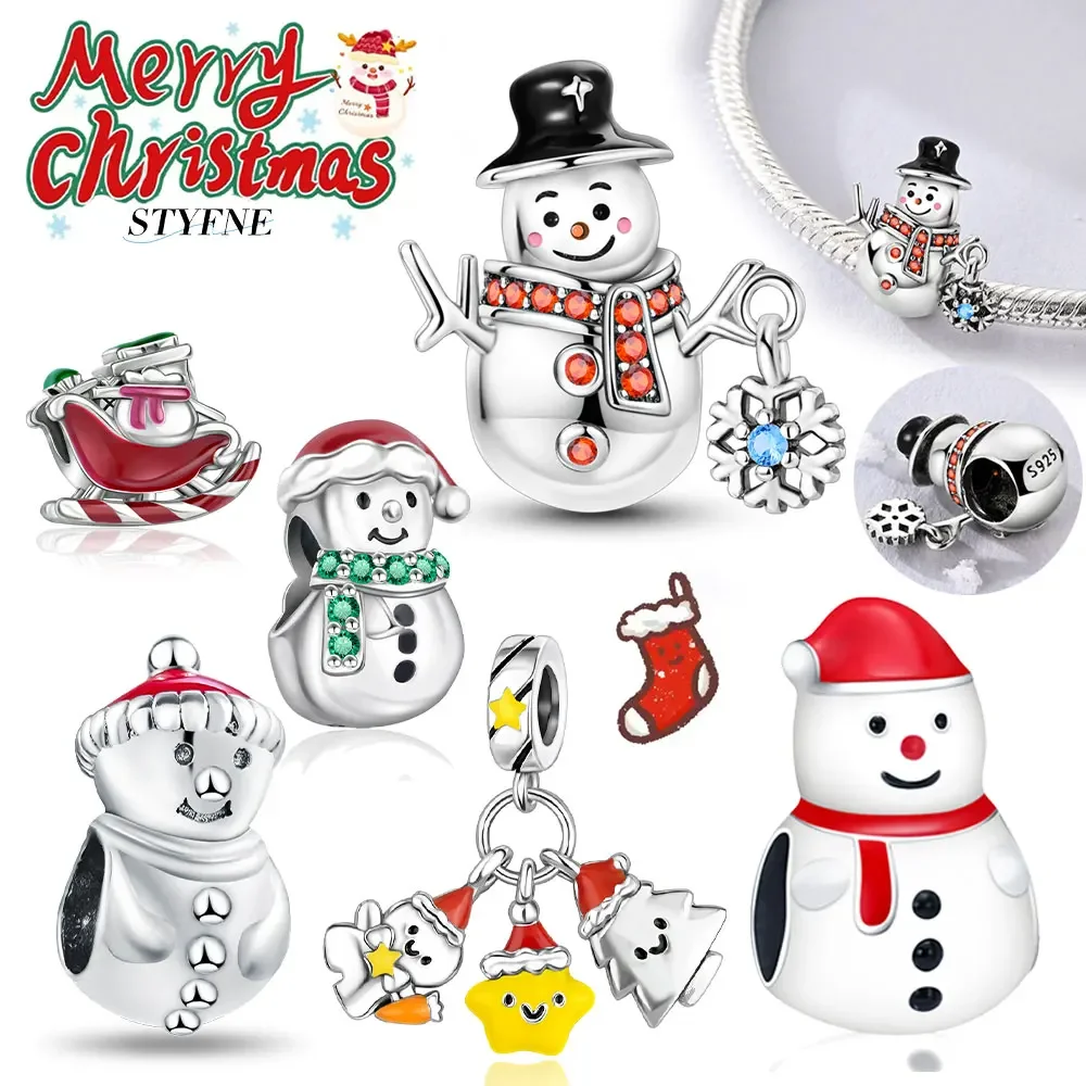 925 Sterling Silver Christmas Night Glow Mr. Snowman Beaded Fit Pandora Original Bracelet Diy Women's Jewelry Gift