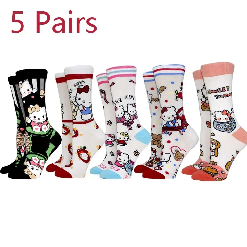 

5 Pairs Soft Women‘s Mid Calf Socks Comfortable Japanese Style Stockings Cute Cartoon Christmas Socks Hello Kitty Socks 35-40