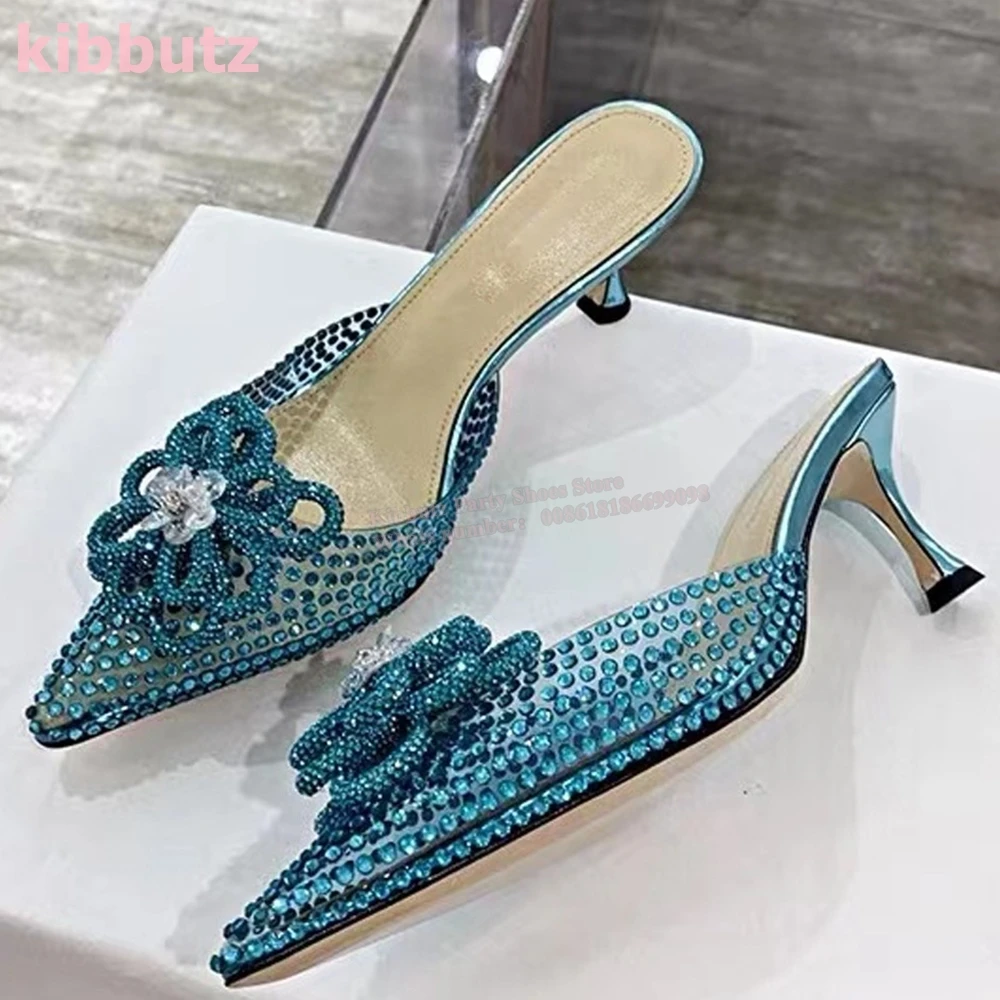 Crystal Flower Slipper Sandały Błyszczący szpiczasty nosek Kitten Heel Slip-On Solid Color Fashion Eleganckie seksowne buty ślubne dla kobiet