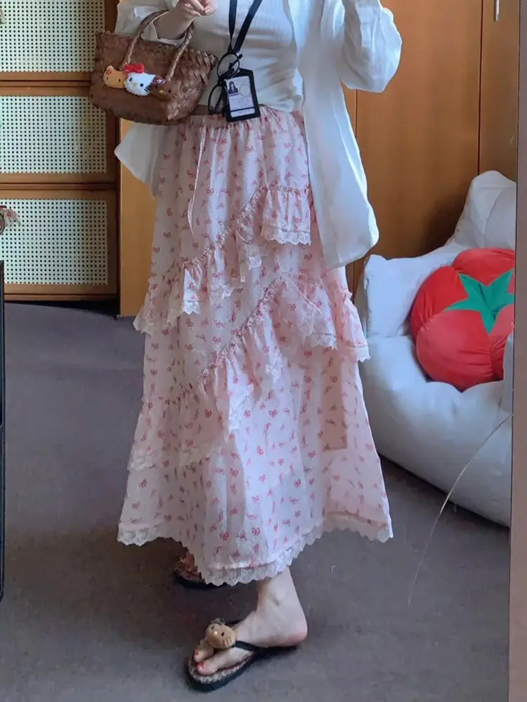 Dopamine Pink Bow Print Summer Skirt Sweet Girl Elegant High-waisted Panels Design Cake Maxi Skirt Korea Chic Casual Outfits New