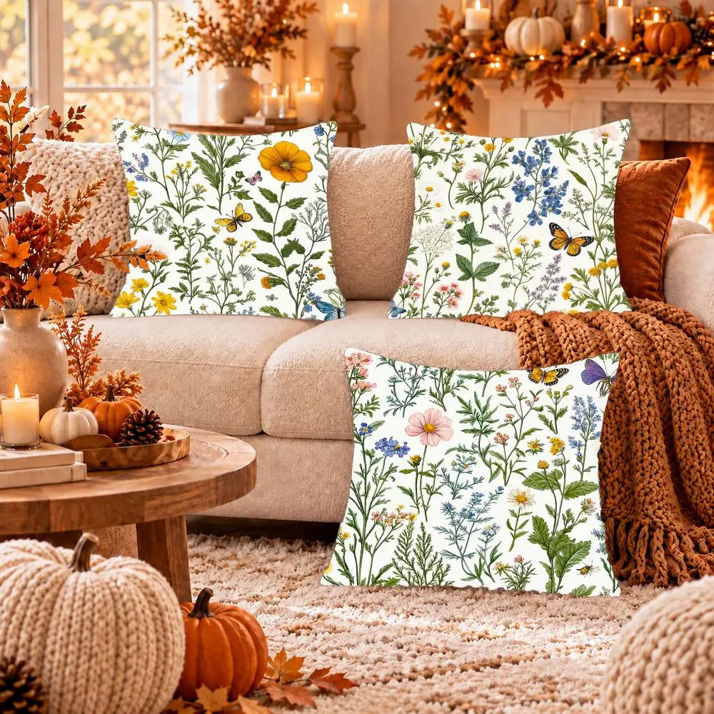 Butterfly Wildflower Meadow Cushion Cover Soft Short Plush Pillow Cover Smooth Cozy Texture Cushion Case Home Decor