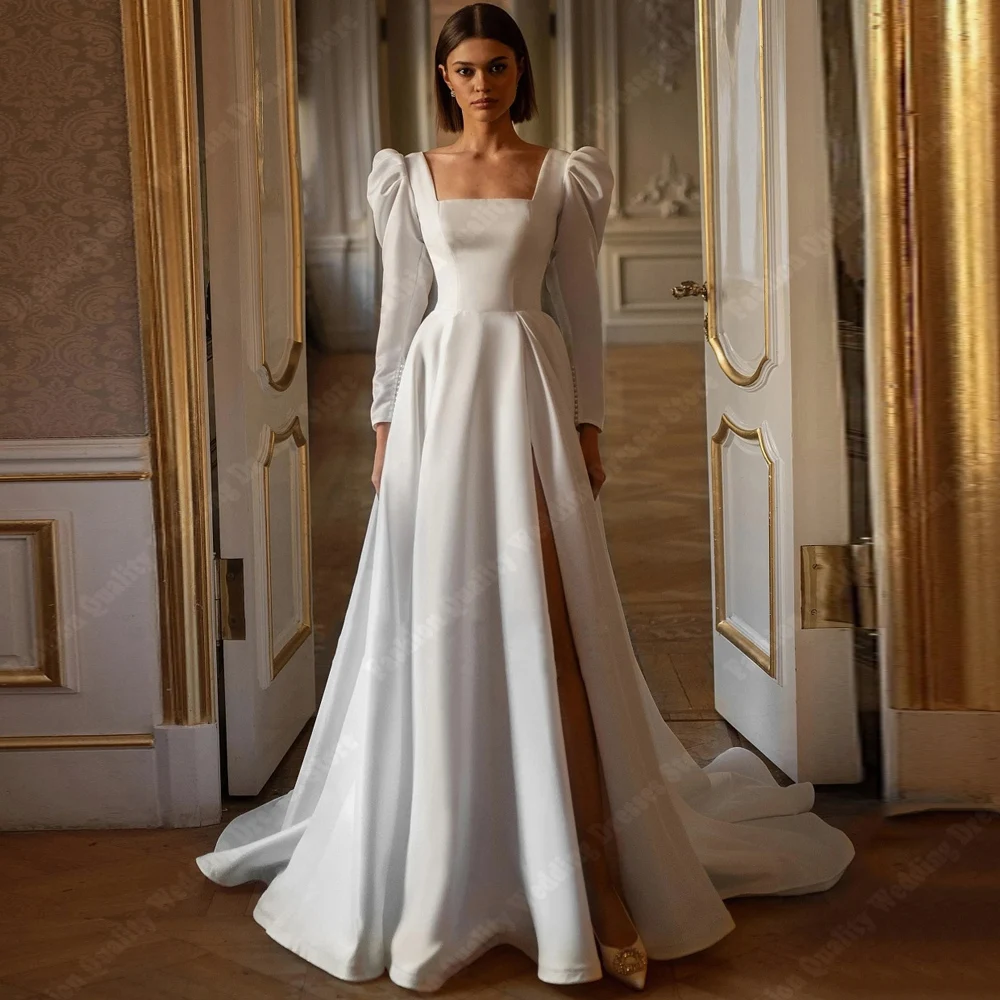 

Square Neck Long Sleeves Women Wedding Dresses Sexy A-Line Satin Bridal Gowns Mopping Length Celebrity Banquet Vestido De Novias