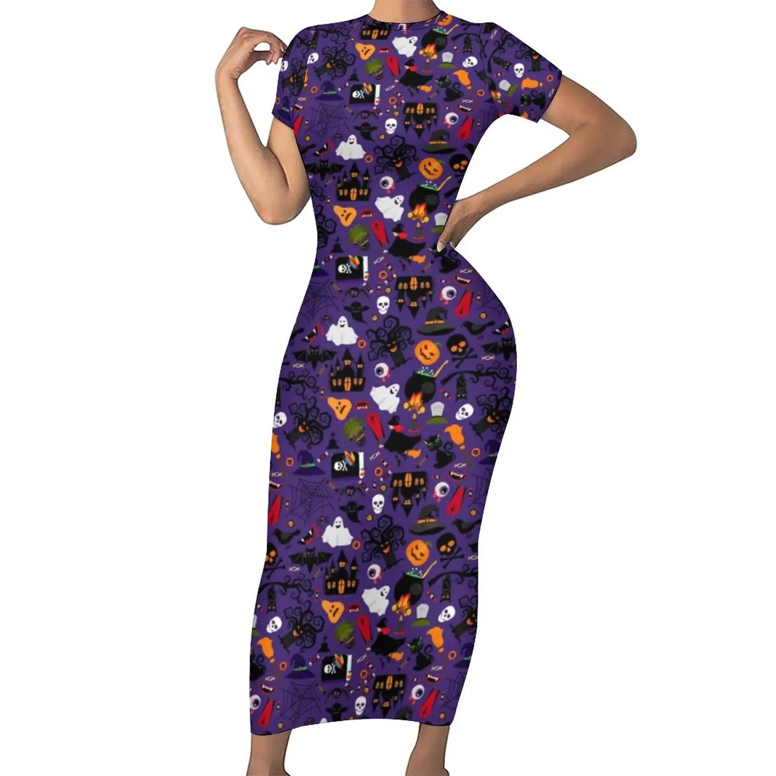 Spooky Bats Dress Short Sleeve Halloween Print Korean Fashion Maxi Dresses Pretty Bodycon Dress Women Design Oversize Vestidos