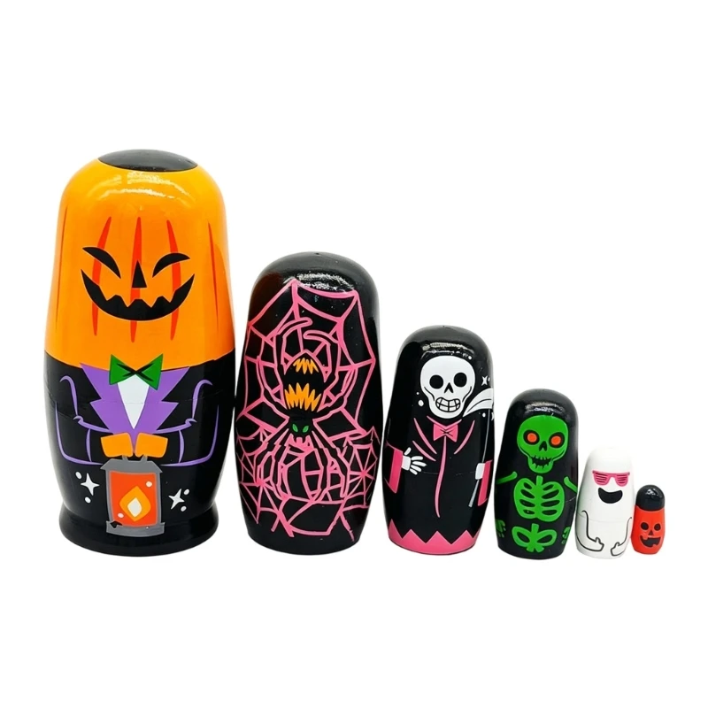 6 Piece Wooden Stacking Dolls Halloween Themed Pumpkin Gentleman Russian Dolls For Kids Learning And Holiday Fun 15UB