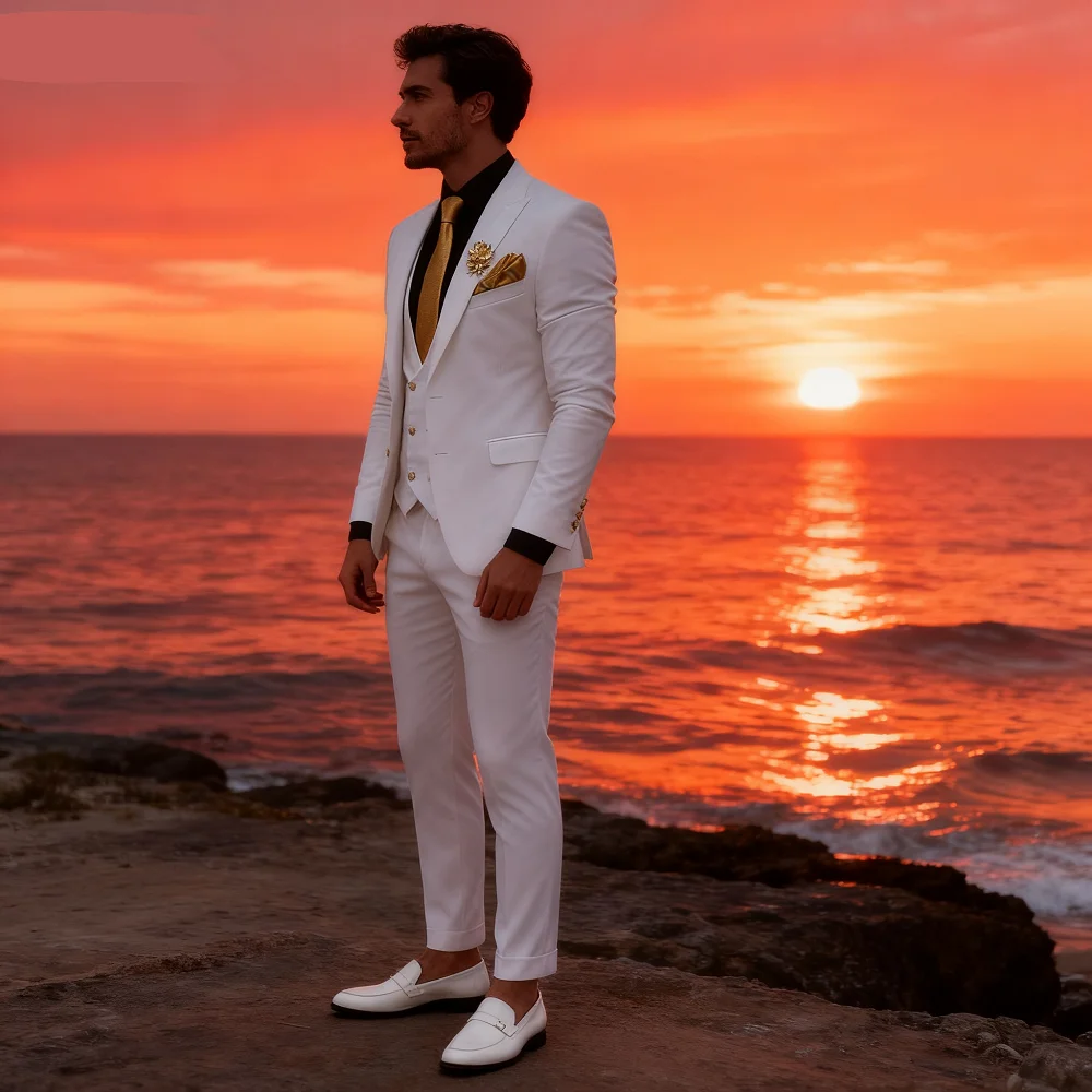 

Smoking masculino de 3 peças, ternos brancos para o noivo, jaquetas de design, conjuntos de casamento novos em roupas e blazer