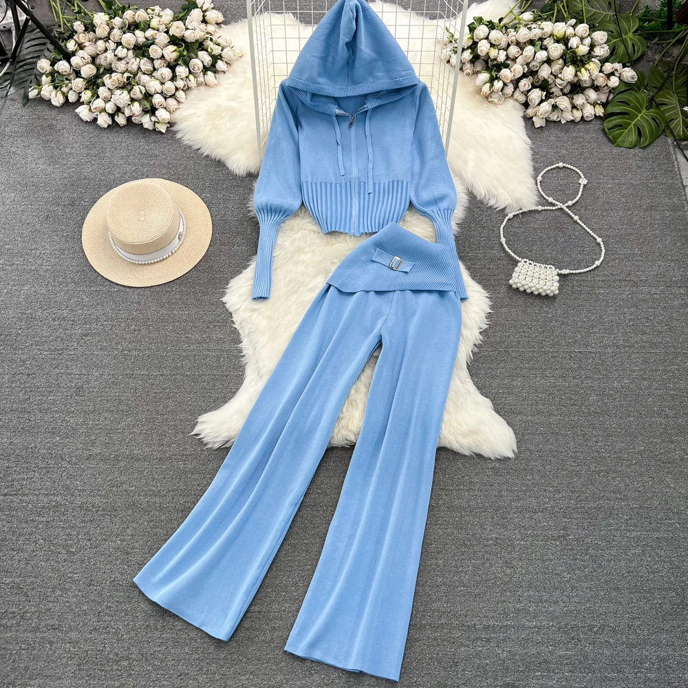 REALEFT Autumn Winter 2 Pieces Women\'s Sets Knitting Tracksuit Zipper Hooded Sweater and Wide Leg Pants Suits 2024 New