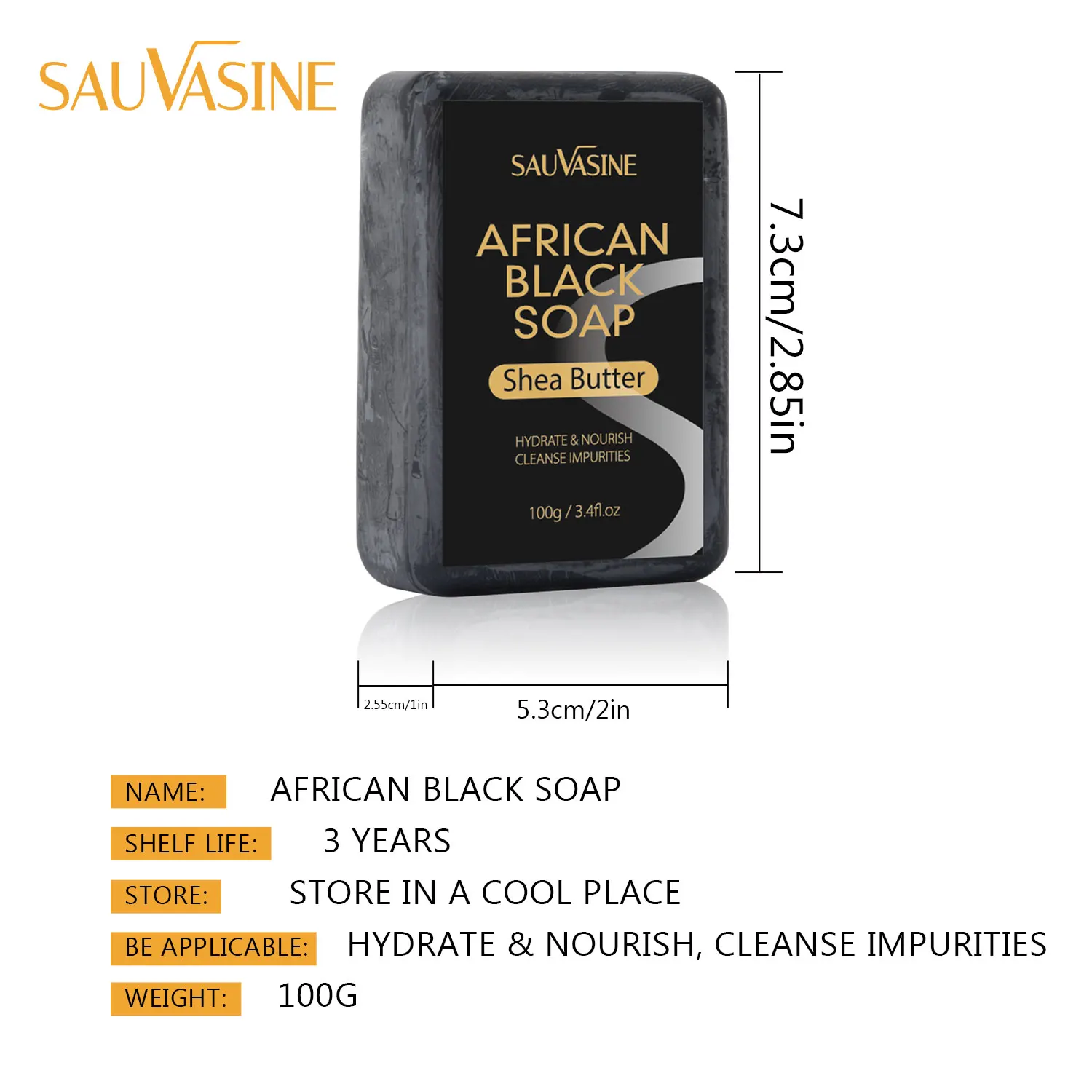 AFRICAN-Black Shea Butter Bar, Tratamento Hidratante para Acne, Limpeza para Cuidados com a Pele, Limpeza Profunda, Brilhante, 100g