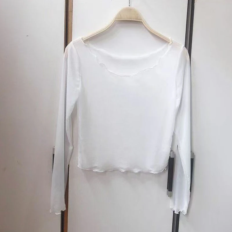 เสื้อตาข่ายซีทรูกันแดดสำหรับผู้หญิง เสื้อครอปท็อป เสื้อเบลาส์เซ็กซี่ ผ้าบางพับได้ ทรงเข้ารูป เสื้อผ้าโปร่งใส สำหรับฤดูใบไม้ผลิ ฤดูร้อน ฤดูใบไม้ร่วง