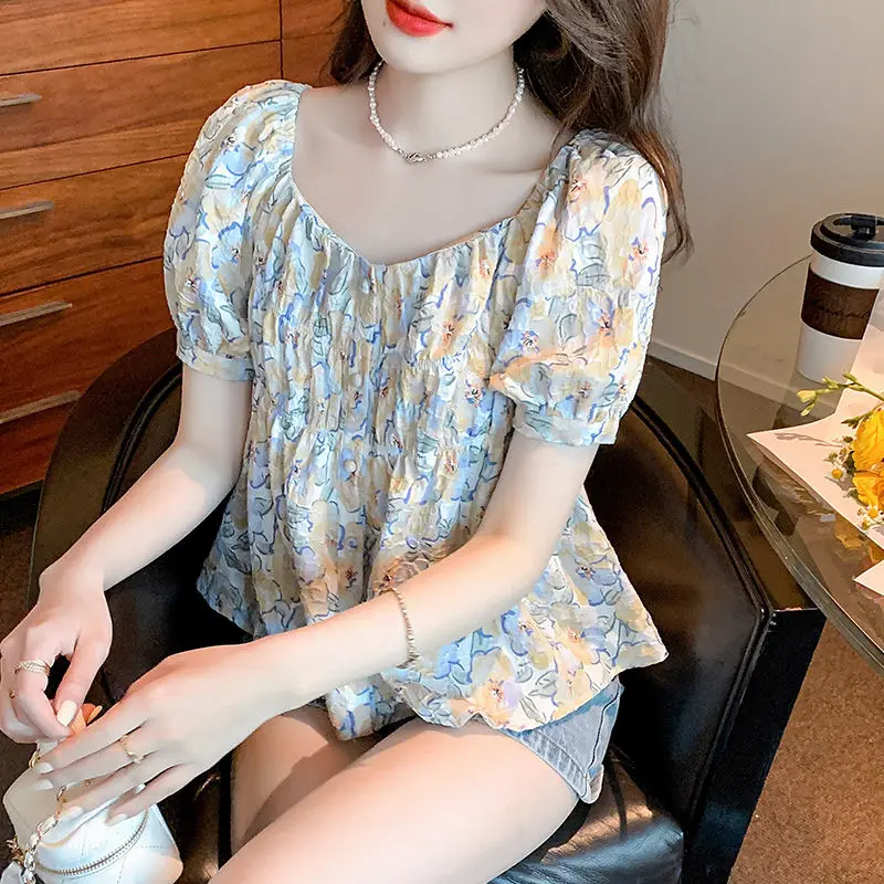 Women Ruffled Floral Print Square Collar Kawaii Sweet Blouse Summer Trendy Short Sleeve Slim Casual Shirt Korean Style Chic Tops