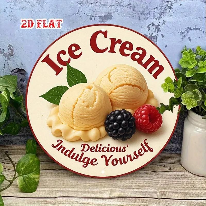 2D Flat Dessert_ Round Signboard, Delicious Round Wall Decoration_ Raspberry_ Rustic Metal Wall Art, Ice Cream_ Round Signboard_ Metal Wall Decoration